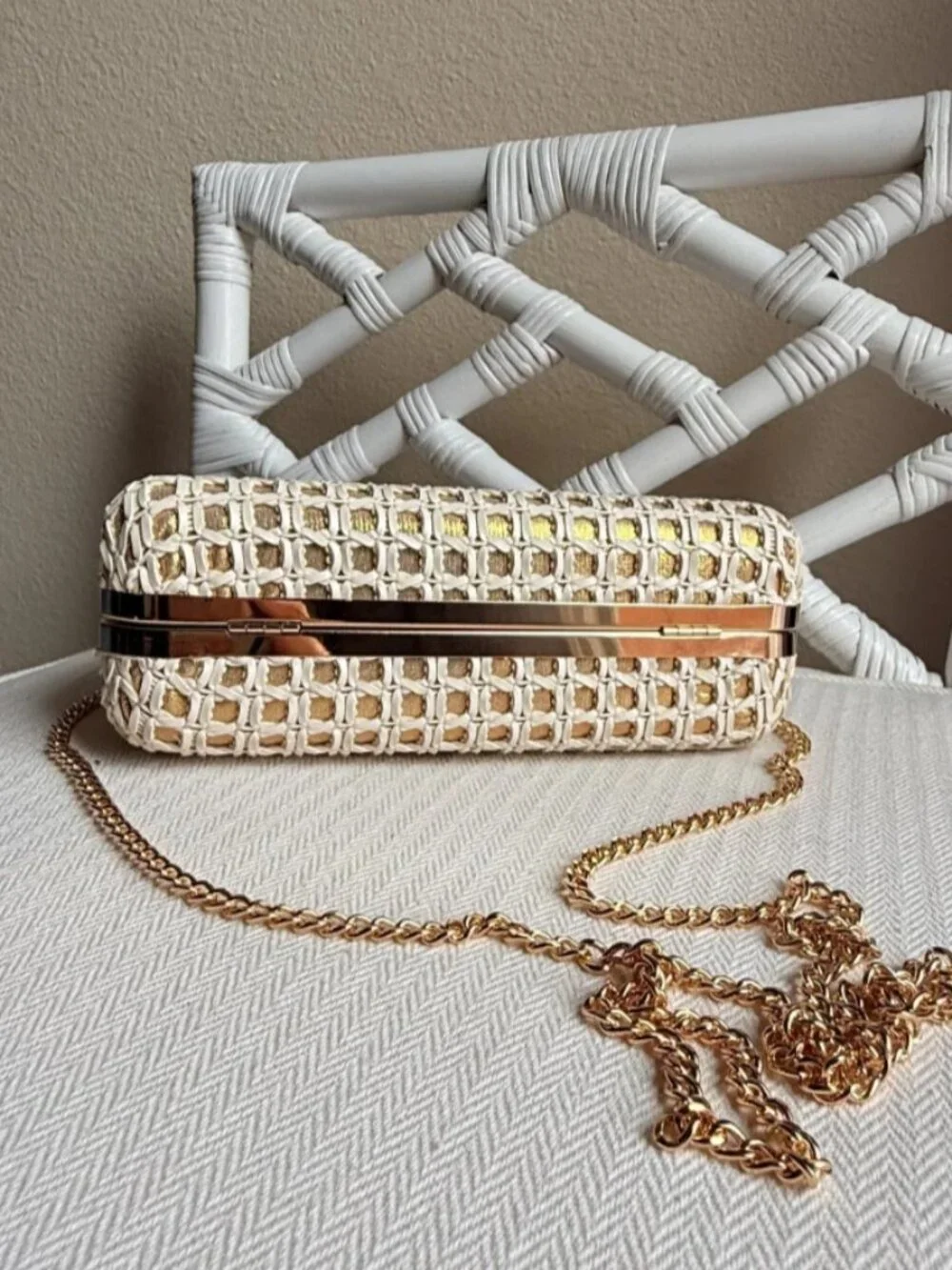 Tommy Bahama Woven Bamboo Handle Clutch Crossbody Chain Bag White Gold NWT